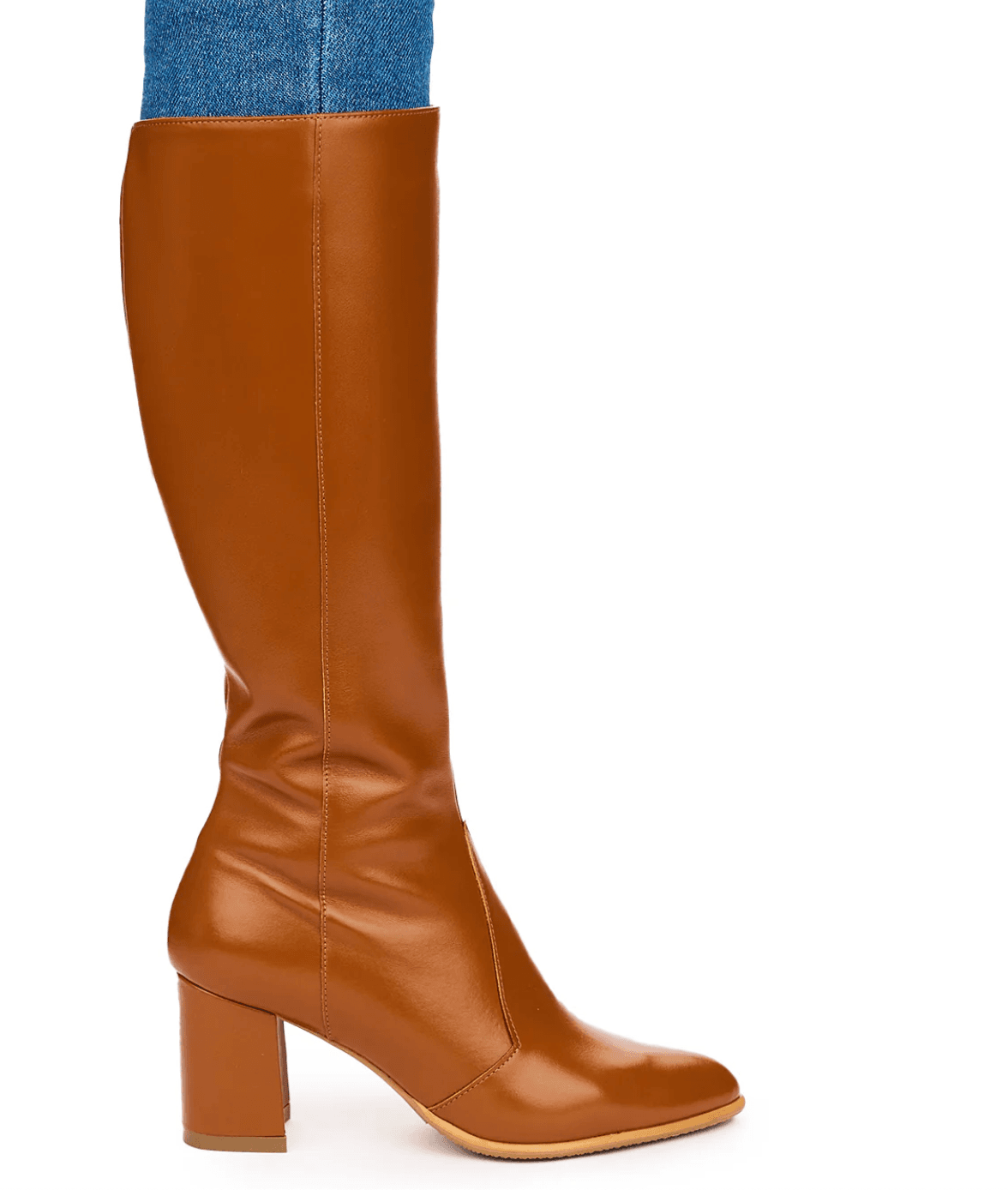 Cognac Leather Block Knee Boot